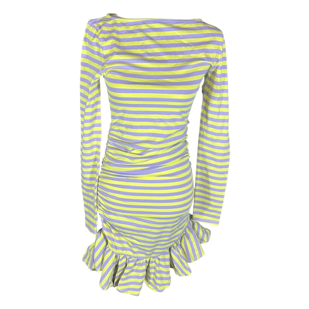 Daily Practice Dress‎ NWT Womens M Purple Lime Green Striped Ruched Ruffle Mini